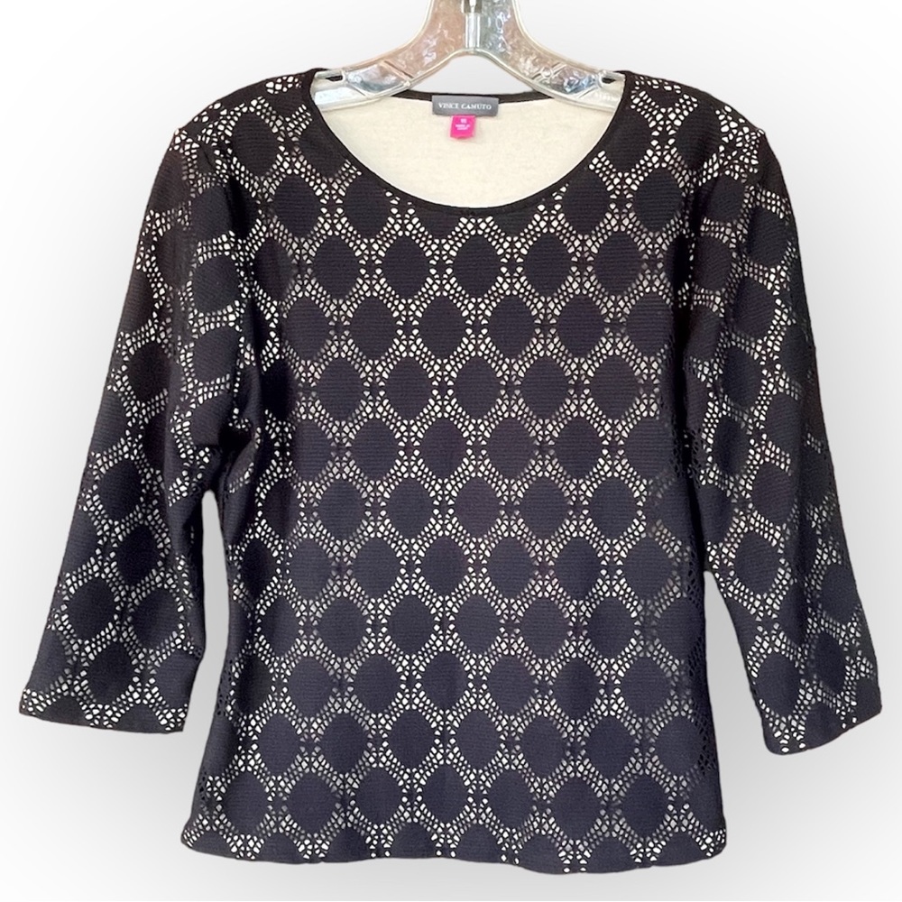 Vince Camuto Black Laser Cut Textured Lace Overlay Nude/Tan Top Size XS